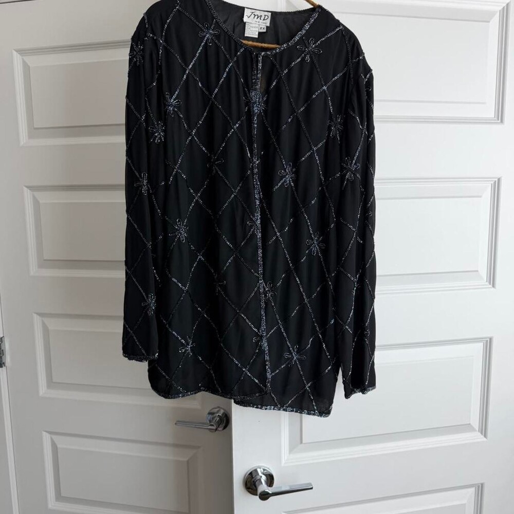 Vintage Black polyester blouse with silver beaded diamond pattern and floral mot